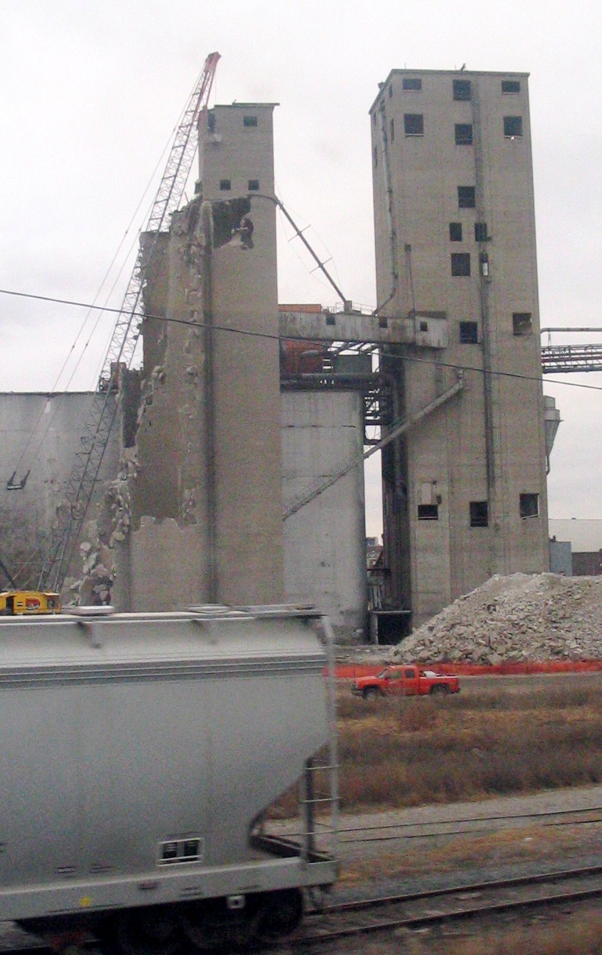 Partially demolished grain elevator.